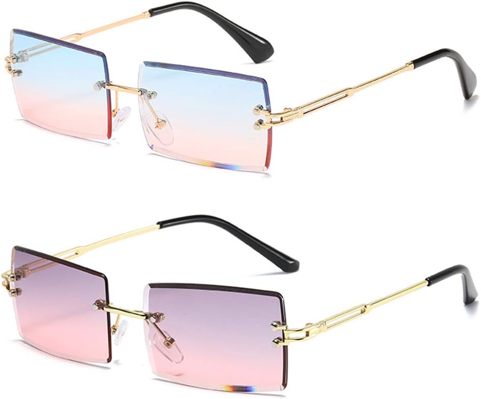 

Солнцезащитные очки без оправы прямоугольной формы для женщин, квадратные модные очки без оправы, маленькие винтажные очки-баффы для мужчин HEPTAGRAM 7, Blue Pink&grey Pink