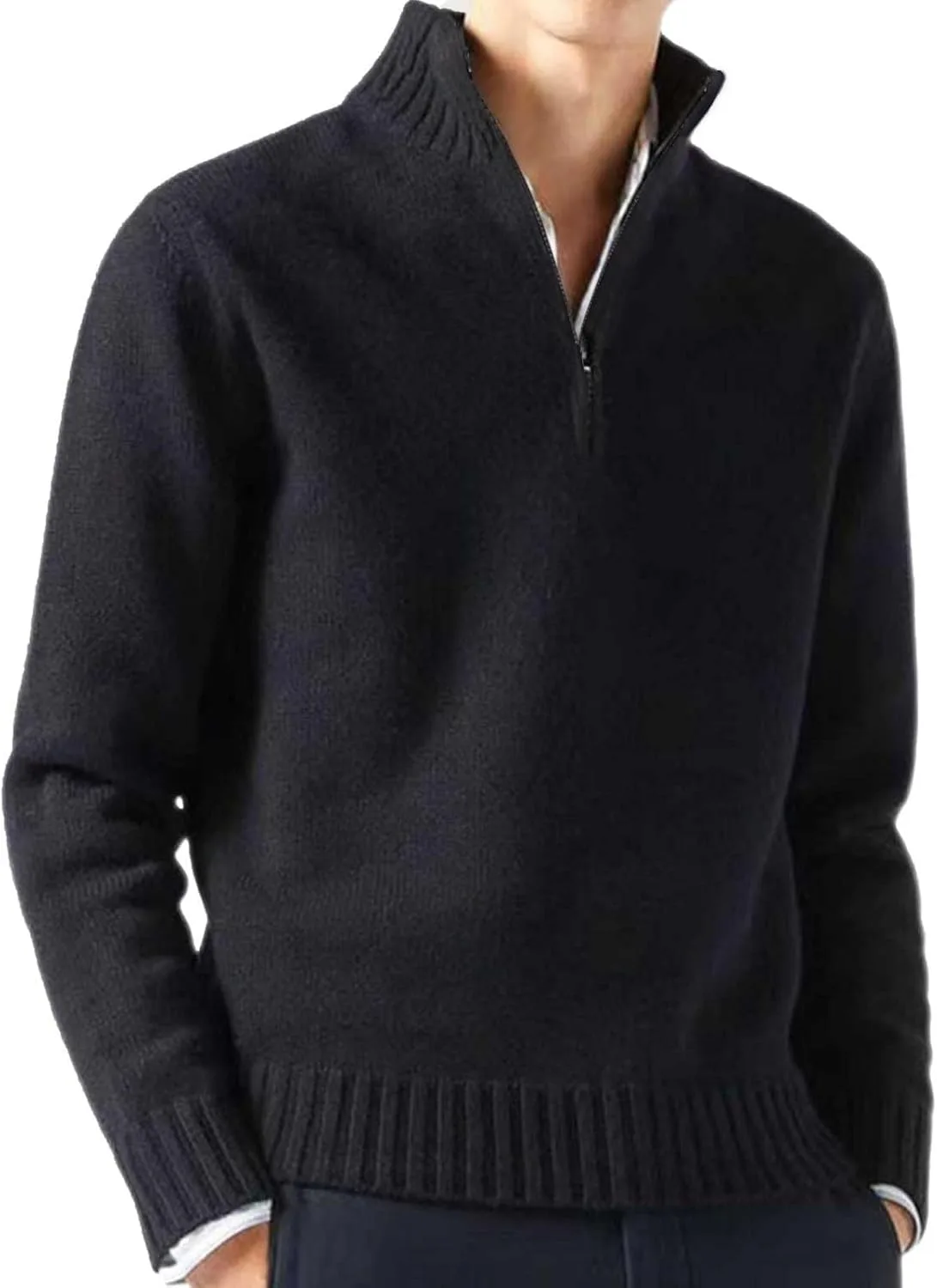 

Мужской свитер с четвертью молнии, классический вязаный пуловер, Slim Fit, легкий, с фактурным воротником и длинными рукавами