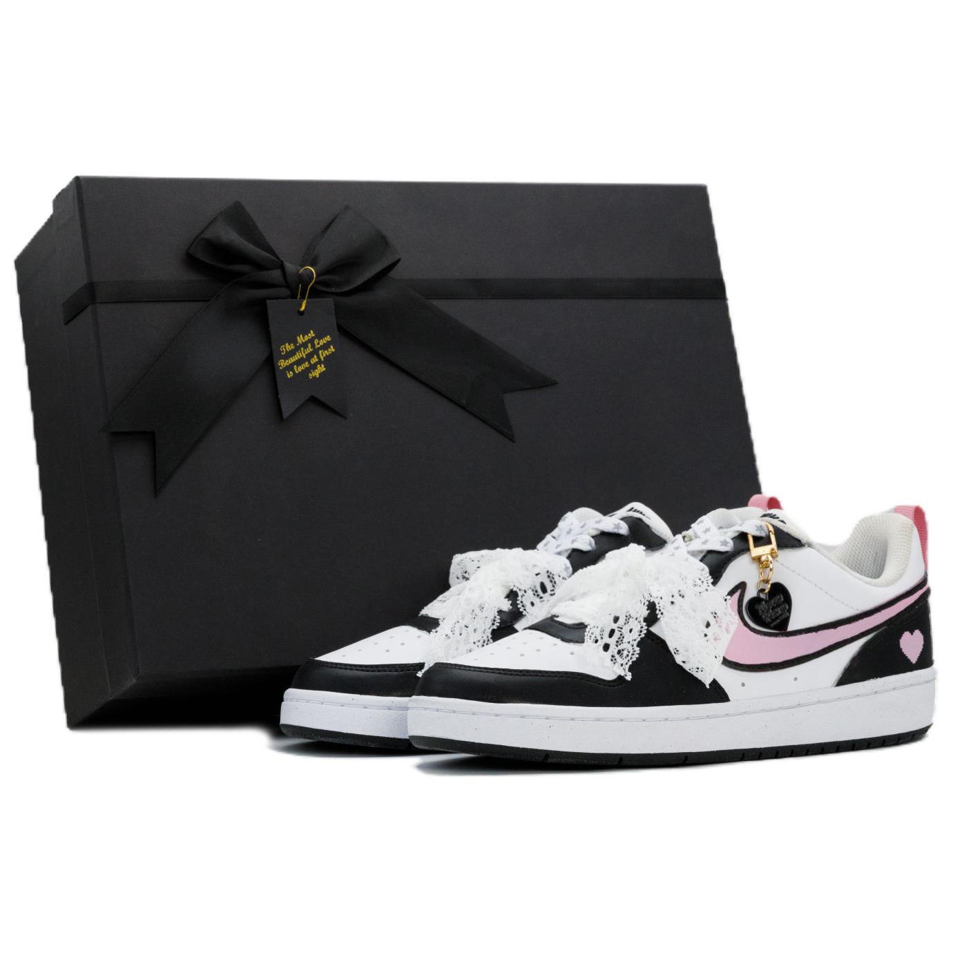 

Nike Низкие детские кроссовки для скейтбординга Court Borough Sweetheart Fault Box в комплекте, цвет: черный, белый, розовый, подростковый