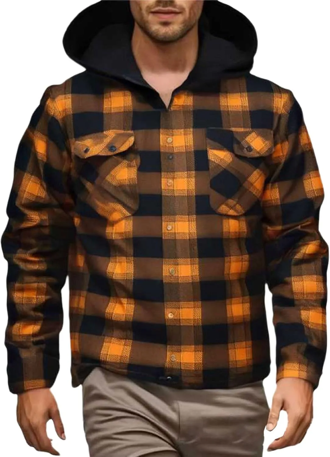 

Толстовка с капюшоном для мужчин в клетку на пуговицах, стильная приталенная