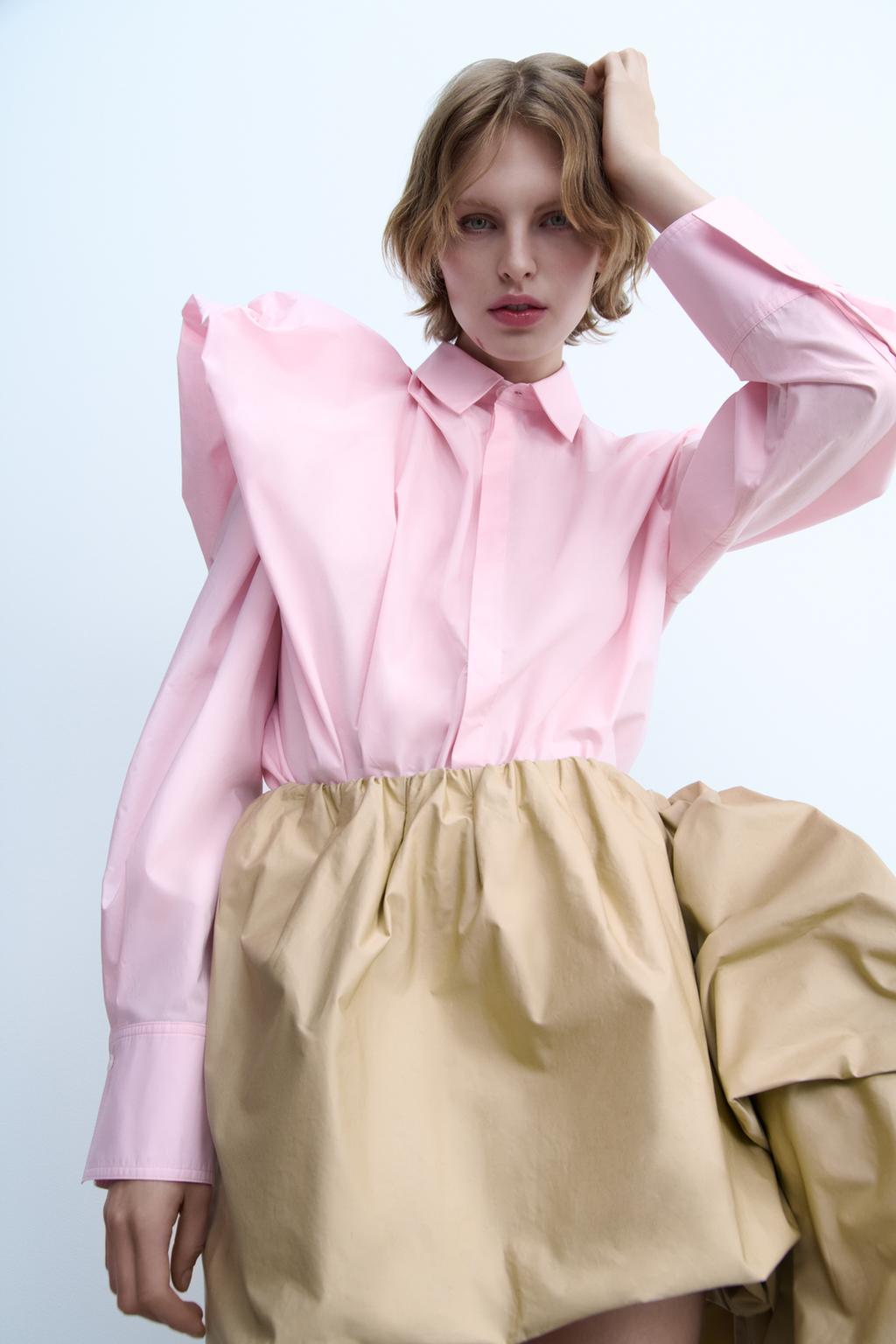 

Поплиновая рубашка с объемным плечом ZARA, цвет Pastel pink