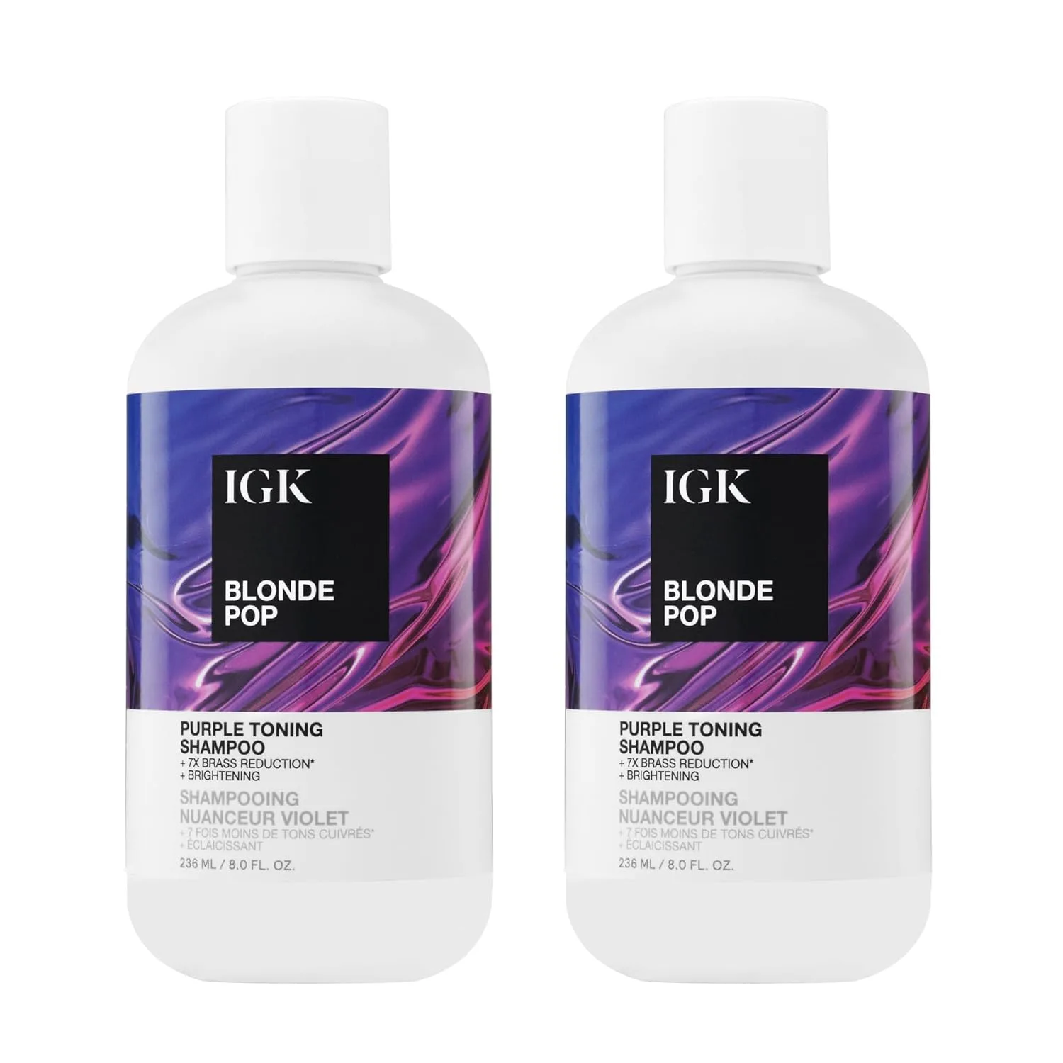 Набор из 2 фиолетовых шампуней IGK Blonde Pop для светлых, мелированных или окрашенных волос.