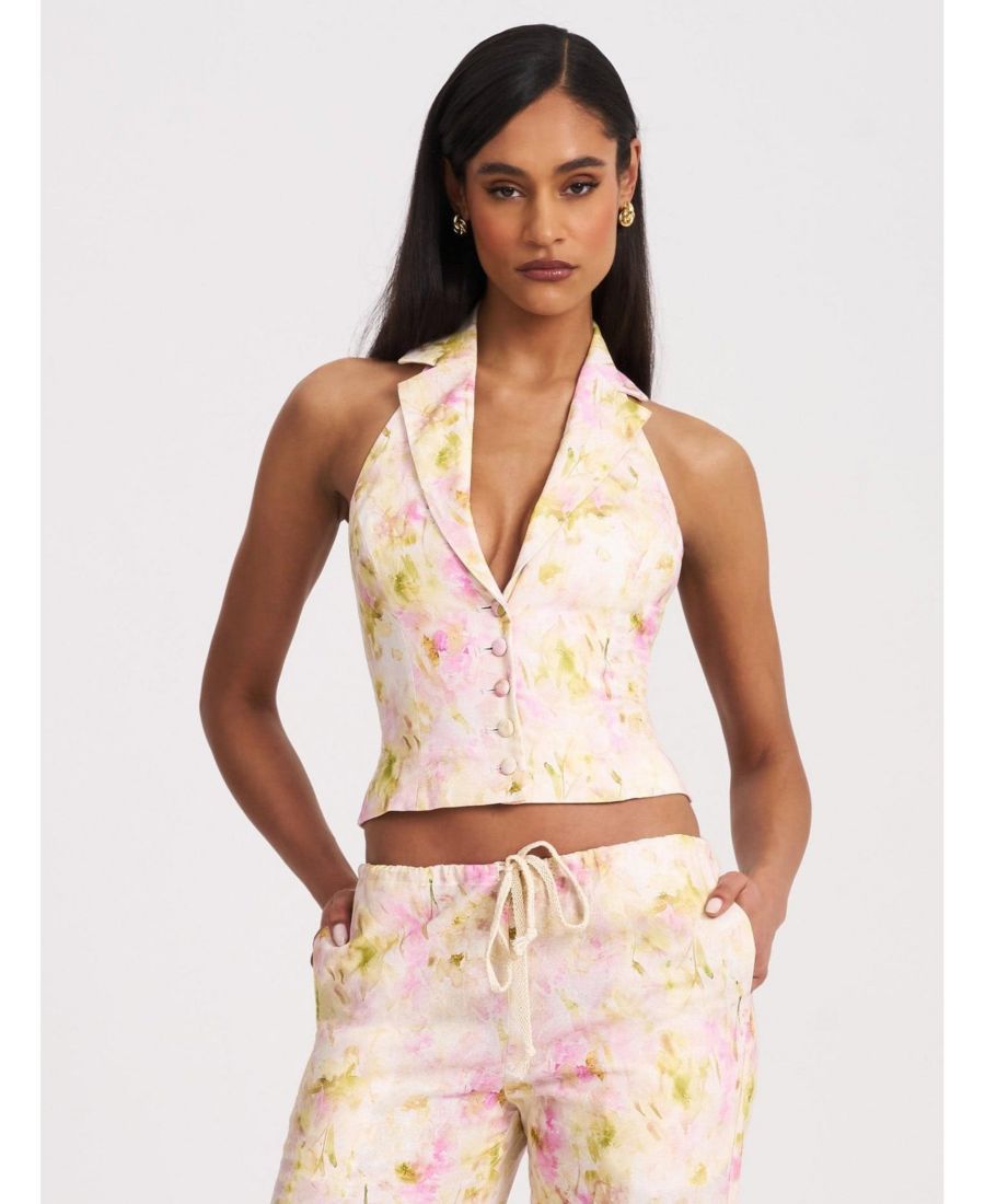 

Женский жилет Lauren из льна с розовым цветочным принтом и присборенной спинкой Miss Circle, Pink floral print