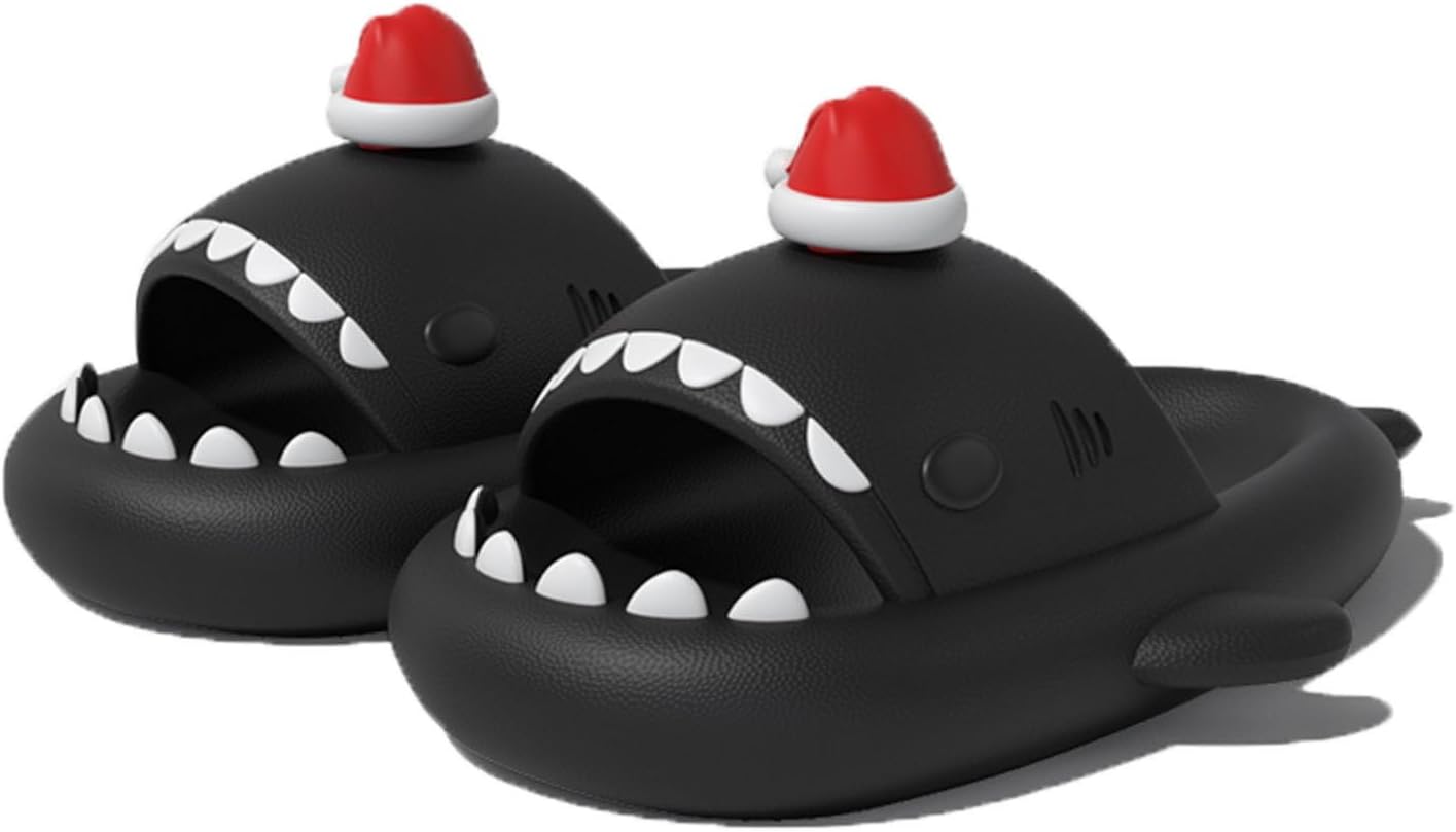 

Рождественские шлепанцы Zureto Shark, сандалии Cloud Shark 3D с рождественским мультяшным акулой для женщин и мужчин, черный