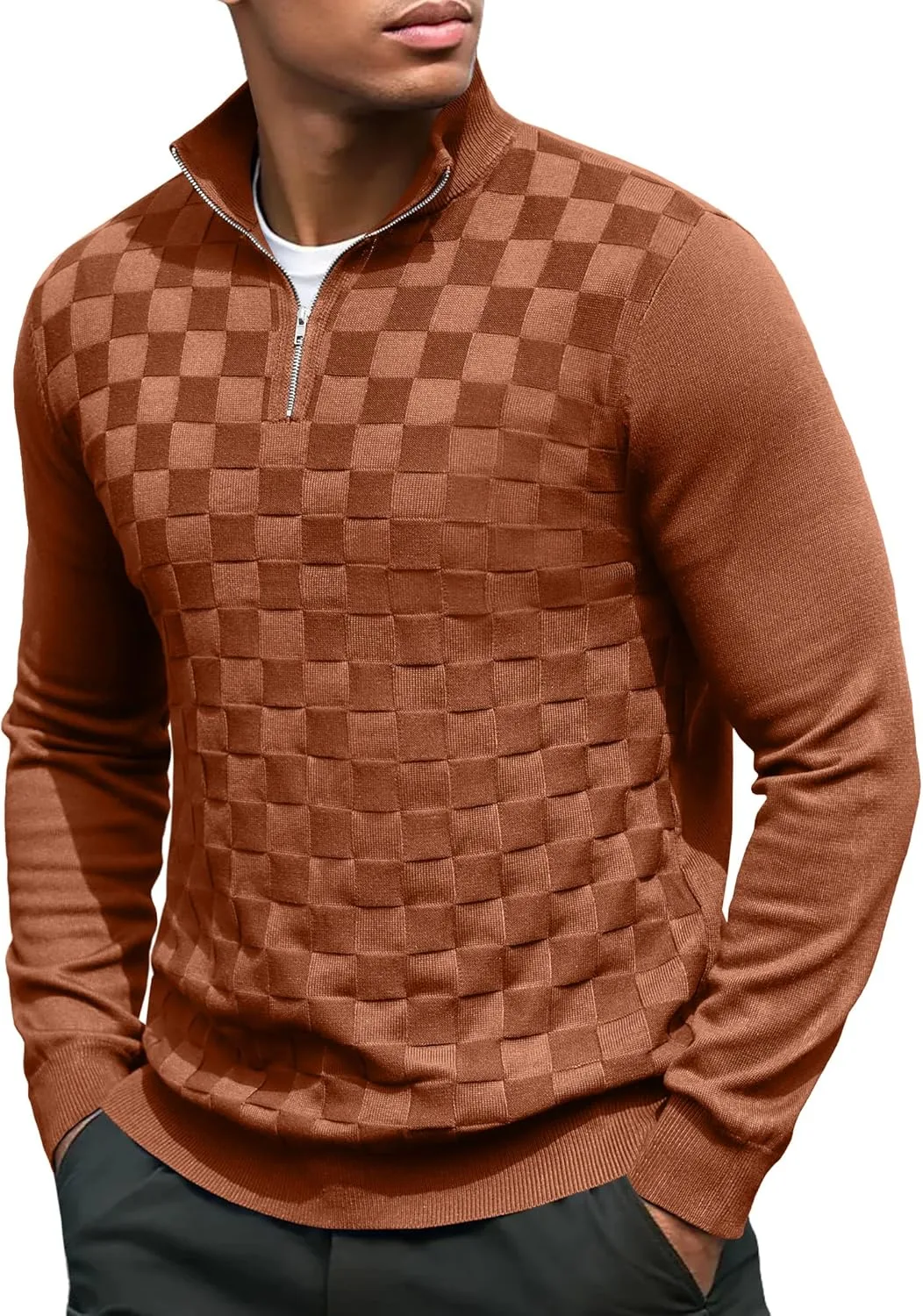 

Свитер мужской COOFANDY с воротником-стойкой, длинный рукав, клетка