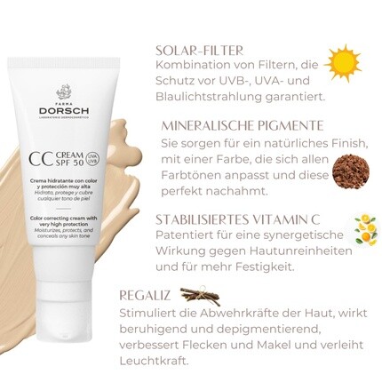 FARMA DORSCH CC Cream SPF 50 Тонирующий дневной крем с солнцезащитным эффектом Тонирующий увлажняющий крем для макияжа Тонирующий солнцезащитный крем для лица с витаминами С и Е 50 мл — фото 3