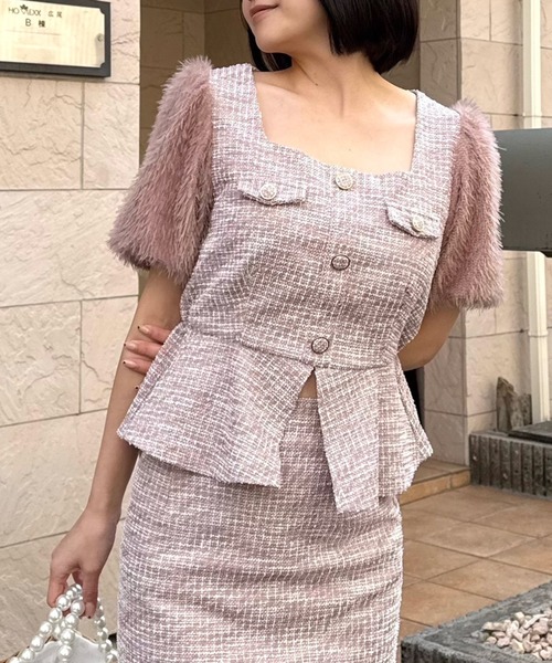 

Топ с баской, комбинированные материалы, рукава из твида ROYAL PARTY, розовый