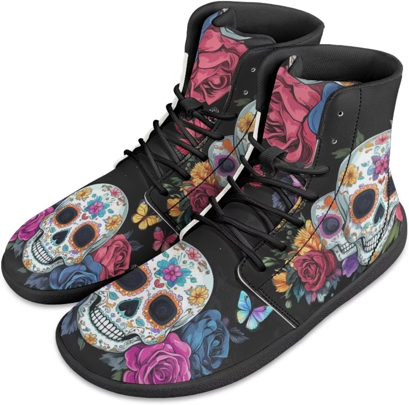 

Мужские кроссовки с высокой посадкой и широким носком Barefoot с черепами и цветочным принтом, шнуровка, противоскользящие, для тренировок и бега Xixirimido, Skull Colorful Flower