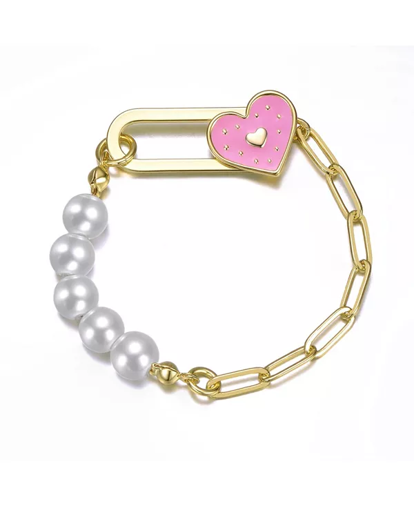 

Детский браслет из 14-каратного золота с жемчугом и эмалевой застежкой в форме сердца Gigigirl, pink