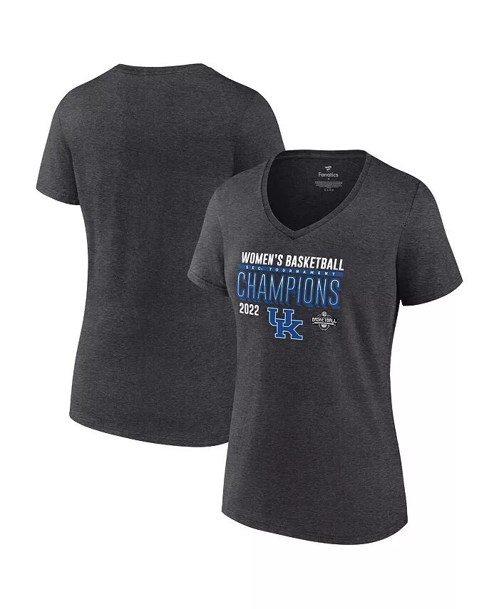 

Женская футболка Heathered Charcoal Kentucky Wildcats 2022 SEC Women's Basketball Conference Tournament Champions Locker Room с V-образным вырезом Fanatics