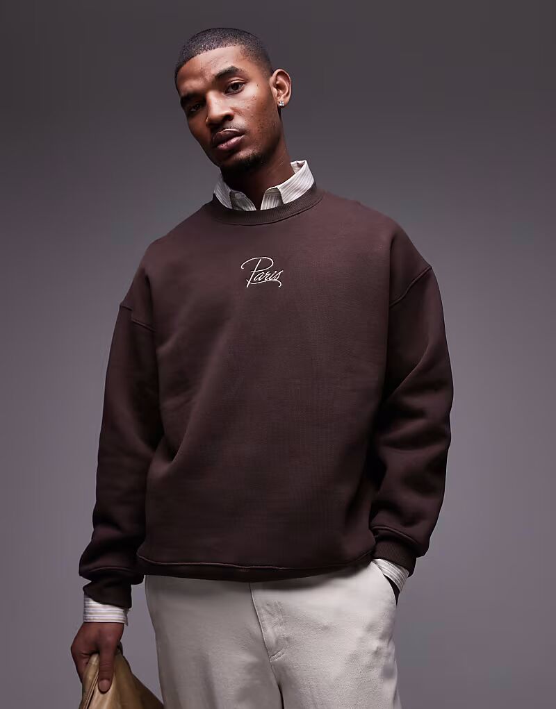 

Толстовка Topman Heavyweight oversize с вышивкой Paris коричневого цвета