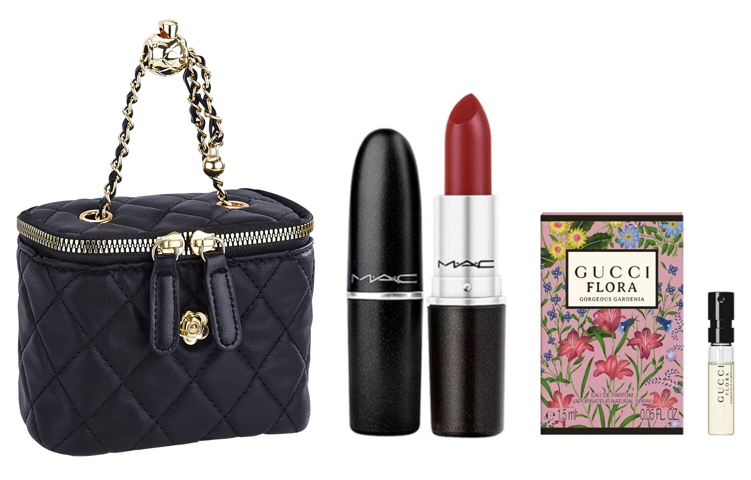 Подарочный набор: губная помада MAC Lustreglass Lipstick 543 + миниатюра аромата Gucci Flora Gorgeous Jasmine + косметичка — фото 2