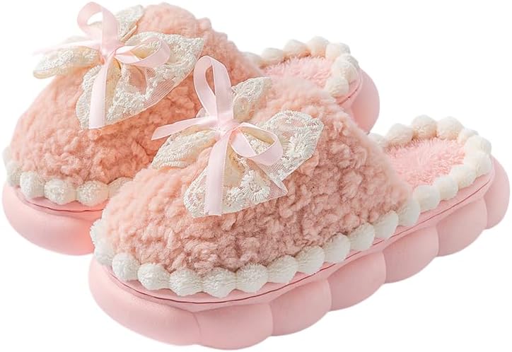 

Домашние тапочки с бантом для женщин и мужчин, домашняя обувь с эффектом памяти, плюшевые, для спальни и улицы Generic, розовый