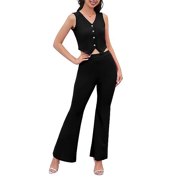 

Женский костюм из льна: жилет с пуговицами и брюки с высокой талией Clearflower, Black