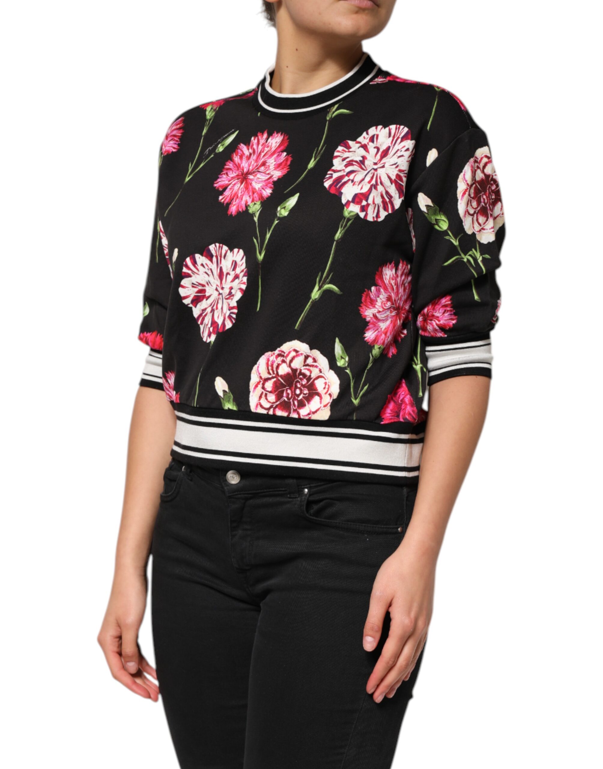 Черный хлопковый топ с цветочным принтом и короткими рукавами Dolce & Gabbana — фото 2