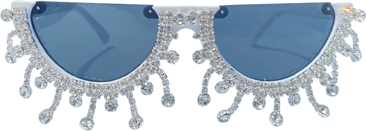 

Красочные солнцезащитные очки в форме полумесяца с бриллиантами для женщин, «кошачий глаз», украшенные стразами, идеально подойдут для вечеринок mincl, Diamond Tassel&white