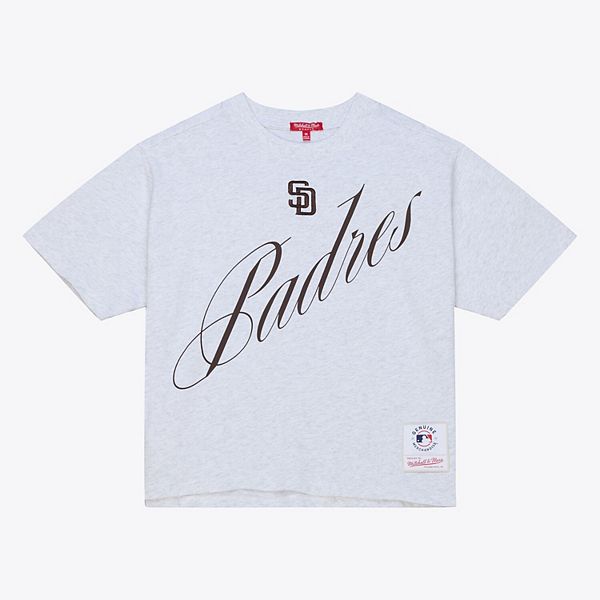 

Женская хлопковая футболка heather gray san diego padres script Mitchell & Ness