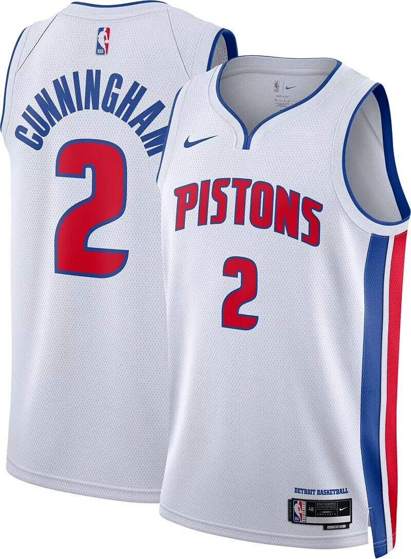 

Мужская белая майка Nike Detroit Pistons Cade Cunningham #2 Dri-FIT Swingman