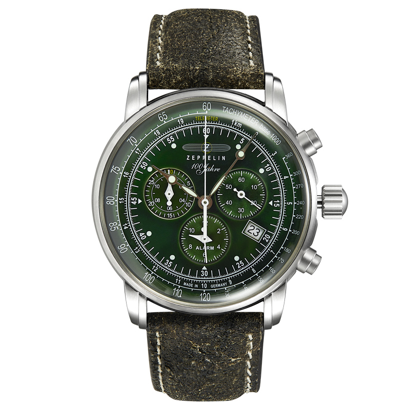 

ZEPPELIN Часы Hundred Years Collection Quartz Movement Men's Watch Watch Silver Dial Stainless Steel Case Leather Strap, 8680-4 (Green Disc, Luminous Spot)