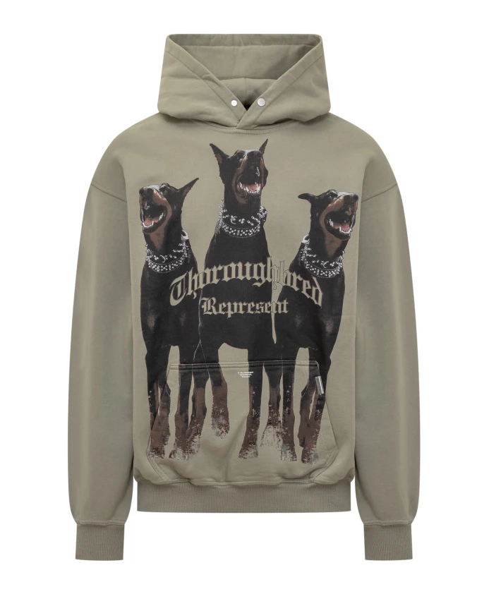 

Зеленая хлопковая толстовка с капюшоном и принтом на передней части. Represent, зеленый