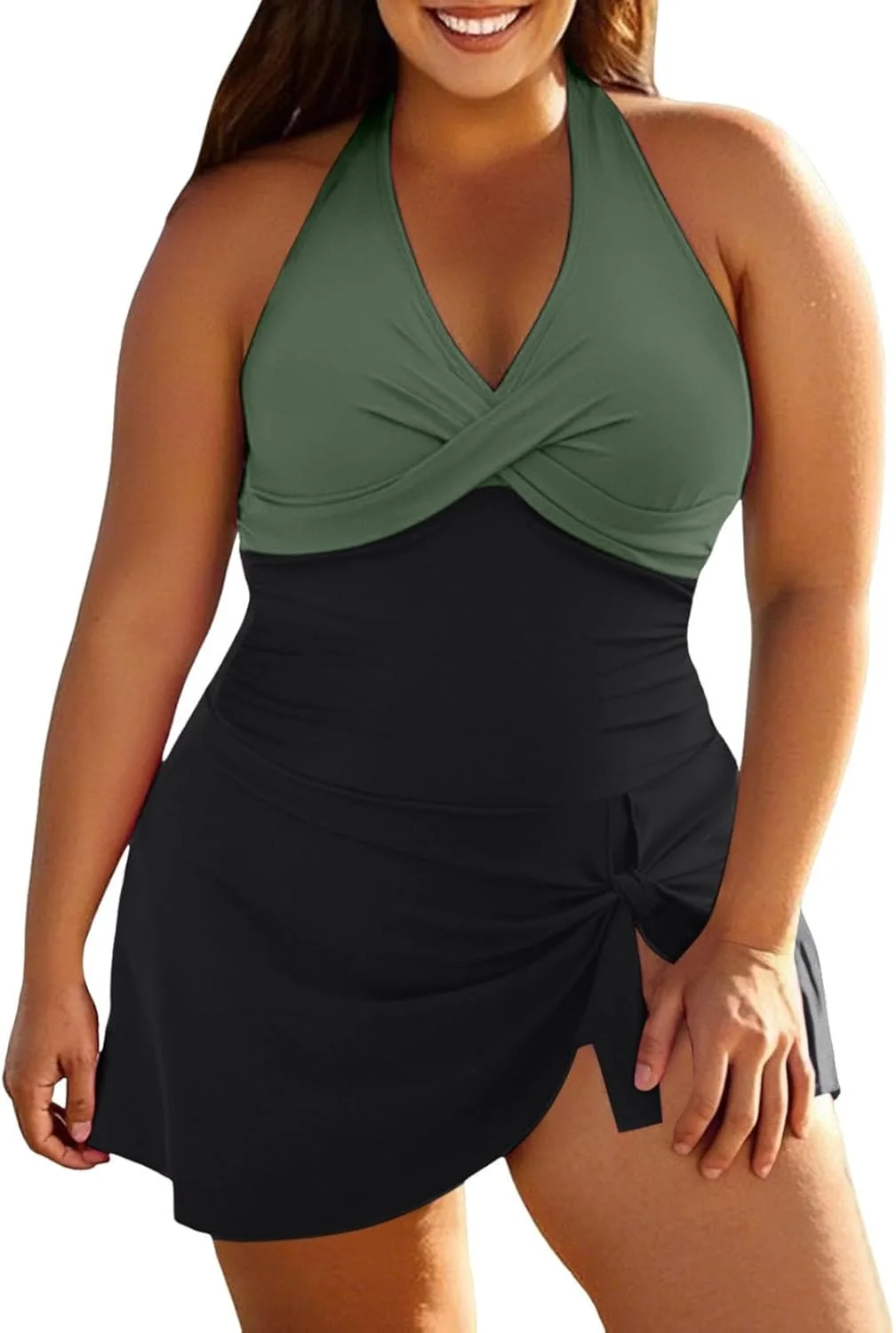 Купальник-платье для женщин Plus Size с контролем живота, скрученным передом и плиссированной юбкой Generic, зеленый