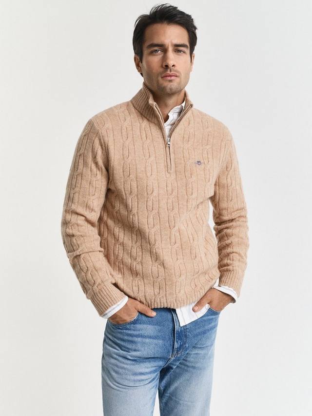 

Полузастёгивающийся джемпер из шерсти с косой вязкой GANT, Khaki Mel