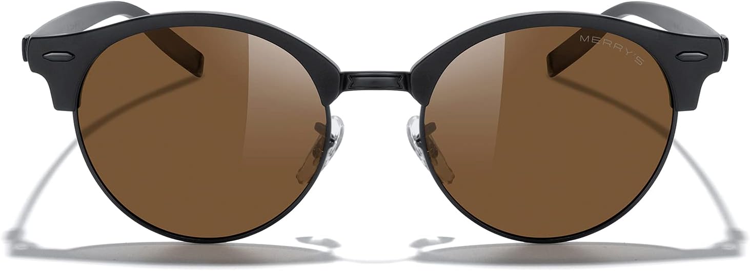 

Круглые поляризованные солнцезащитные очки MERRY для женщин и мужчин, классический ретро-стиль, полуободковая оправа, алюминиевые дужки MERRY'S, Matte Black Frame/Matte Black Bridge/Brown Lens