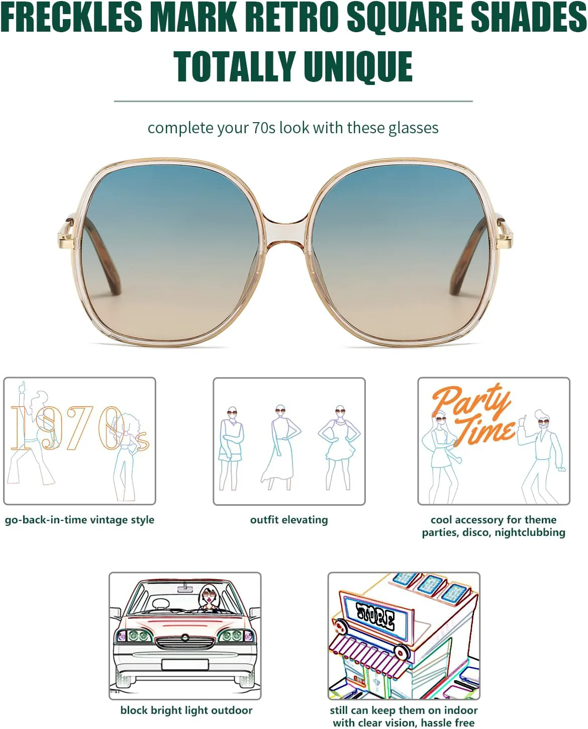 

Солнцезащитные очки Freckles Mark 70-х годов, очень большие, квадратной формы, винтажная прямоугольная пластиковая оправа, Clear Brown/Green Gradient Brown