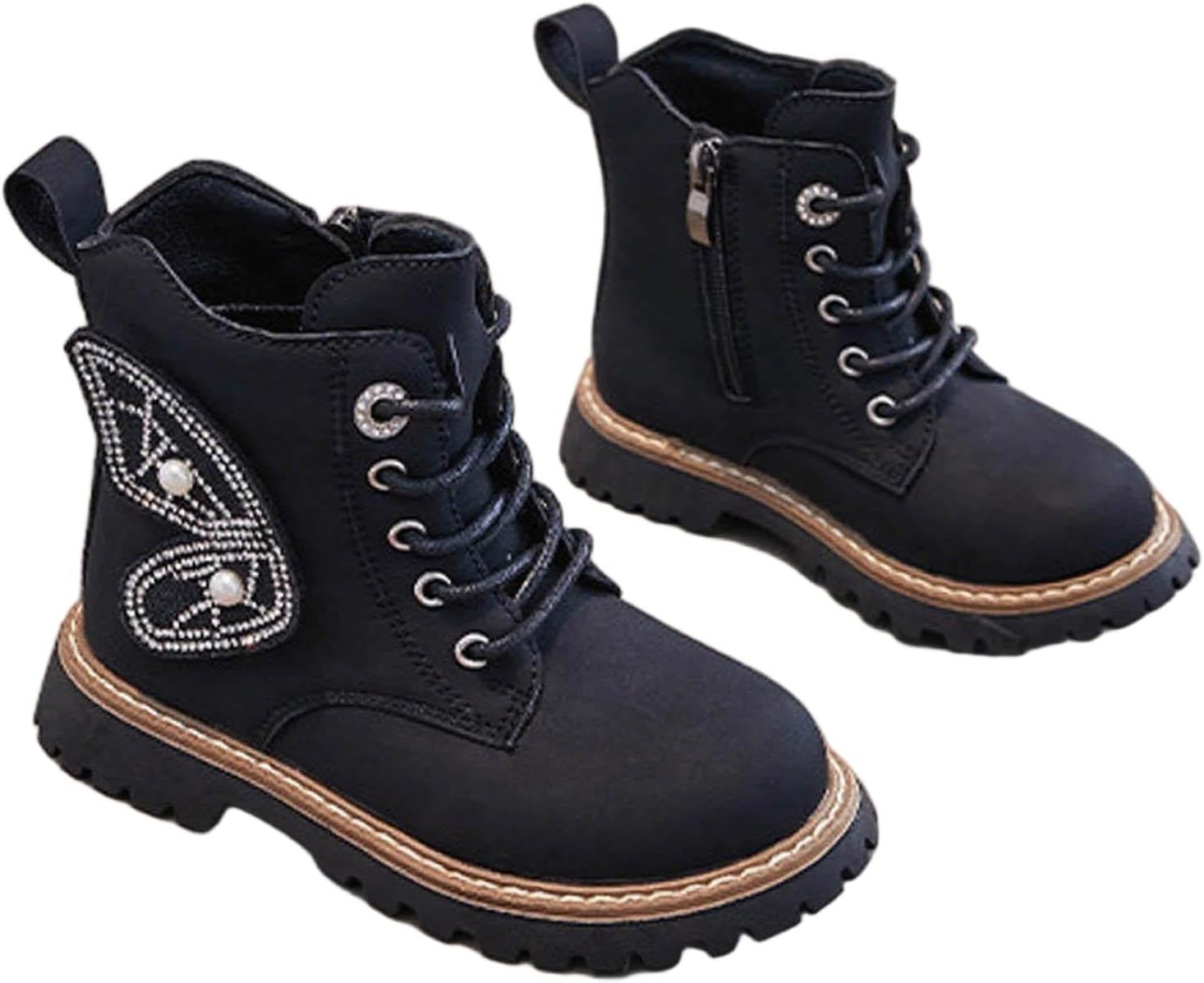 

Девочкам: короткие ботильоны с боковой молнией на шнуровке, милые боевые ботинки из искусственной кожи для активного отдыха и походов, для маленьких и больших детей Generic, Black