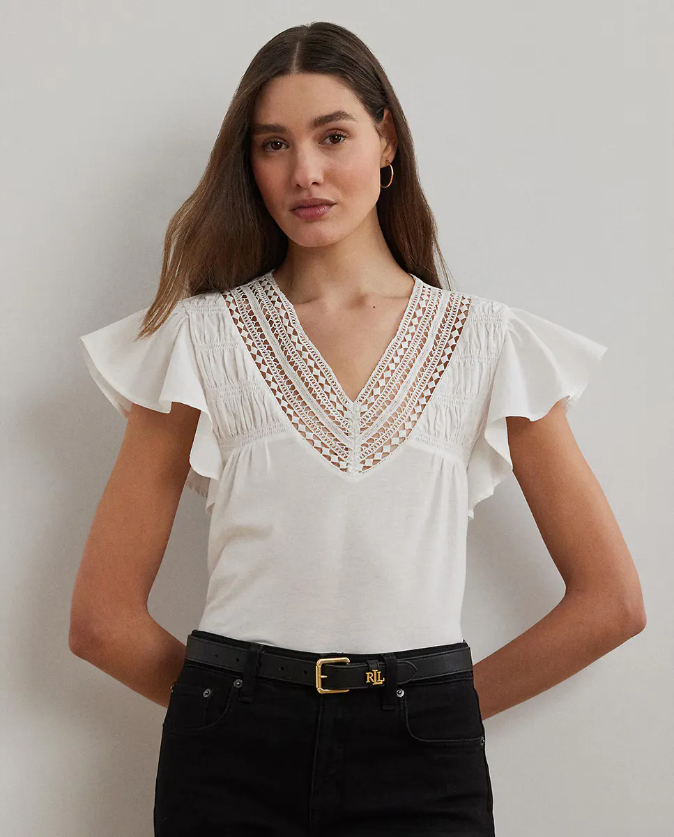

Женский хлопковый топ с воланами на рукавах Lauren Ralph Lauren, белый