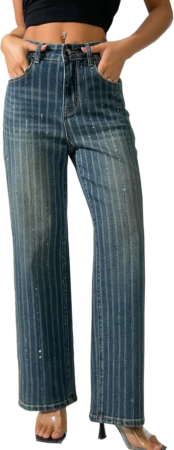 

Heipeiwa Женские джинсы с полосками и стразами High Waist Wide Leg