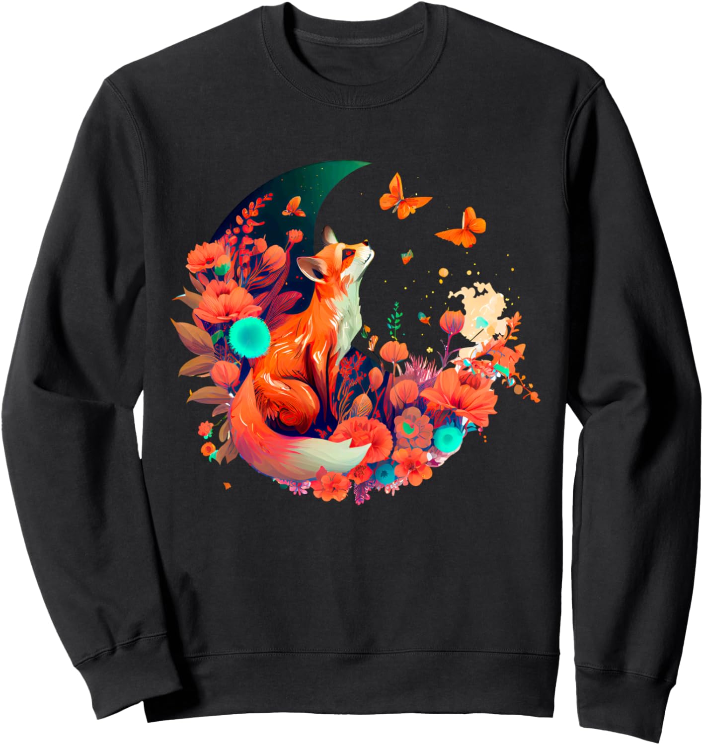 

Яркая толстовка с изображением лисы, бабочки, цветка и луны Colorful Fox And Nature Bloom Harmony, черный