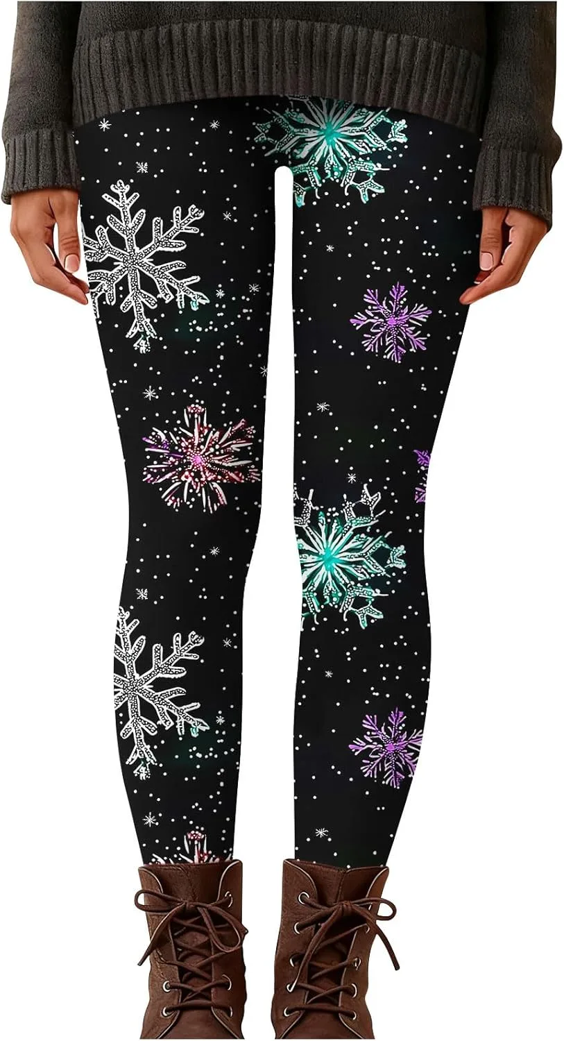 

Рождественские леггинсы для женщин High Waisted с поддержкой живота и принтом снежинок