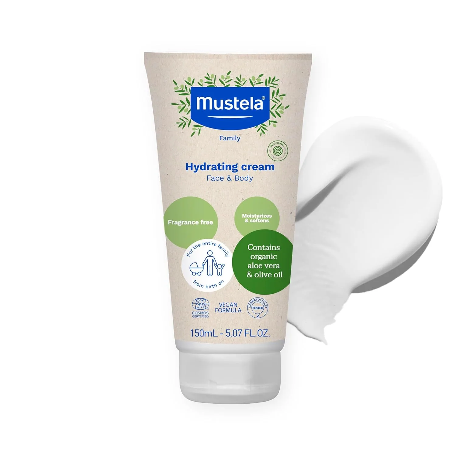 Mustela сертифицированный органический увлажняющий крем - натуральный лосьон для тела с оливковым маслом, алоэ вера и подсолнечным маслом - для малышей, детей и взрослых - без отдушек, EWG Verified и Vegan - 5,07 унций (144 г) 151 мл (1 шт.)