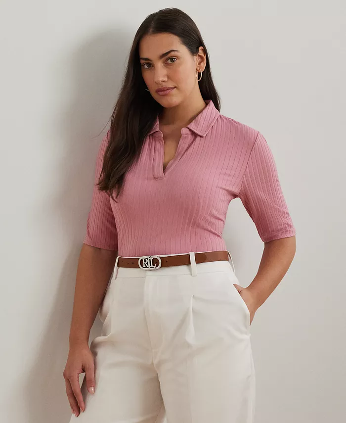 

Поло с ребристой вязкой и рукавом 3/4 Plus Size Lauren Ralph Lauren, розовый