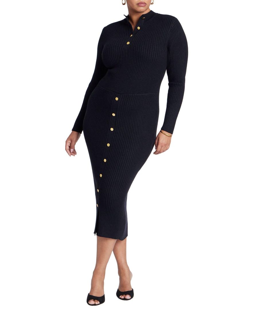 

Женское платье больших размеров с воротником-стойкой, в рубчик и на пуговицах ELOQUII, Black onyx