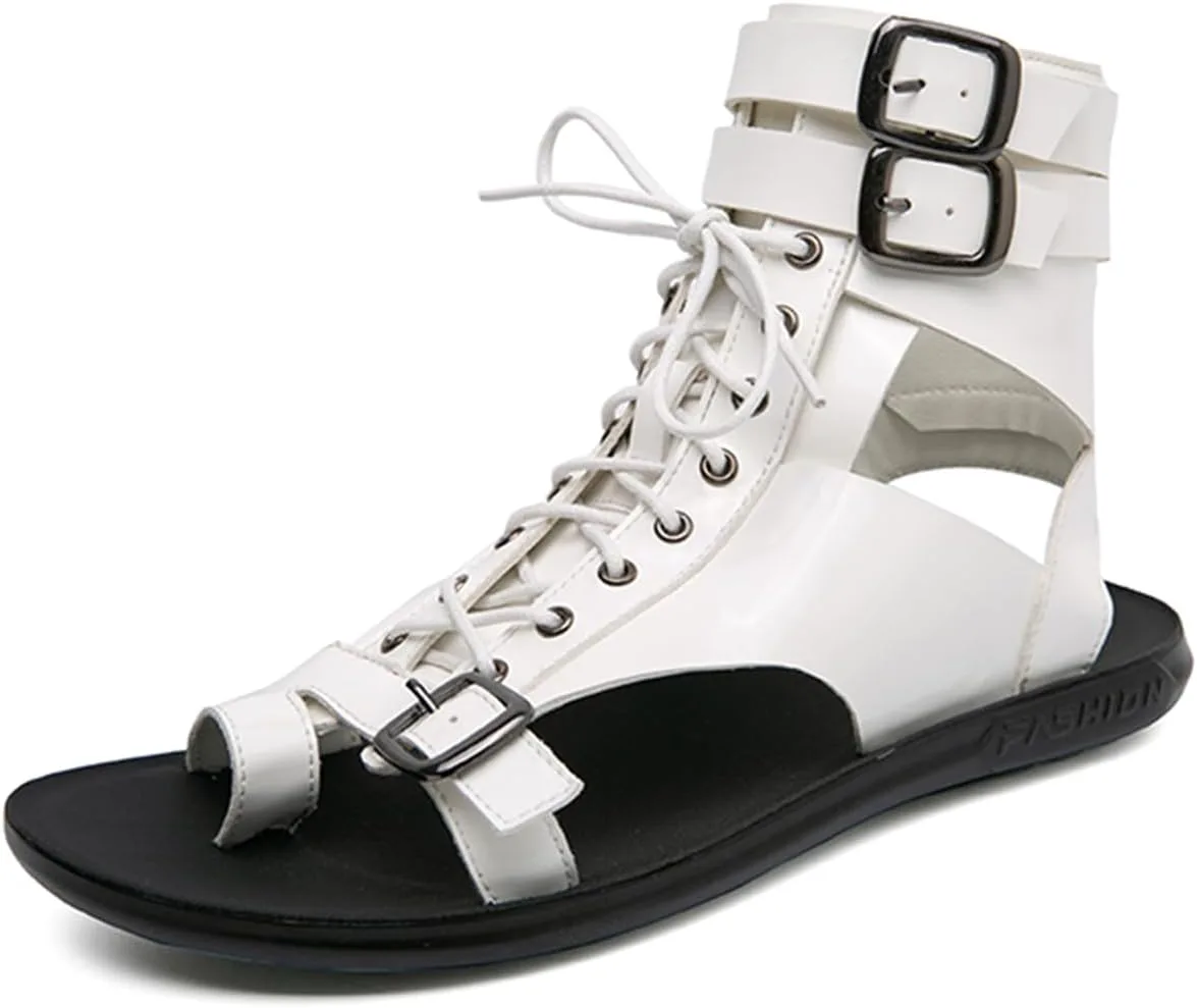 

Мужские сандалии Римские сандалии, повседневные, с нескользящей подошвой, дышащие, на шнуровке с пряжкой, высокие пляжные туфли Abborora, белый