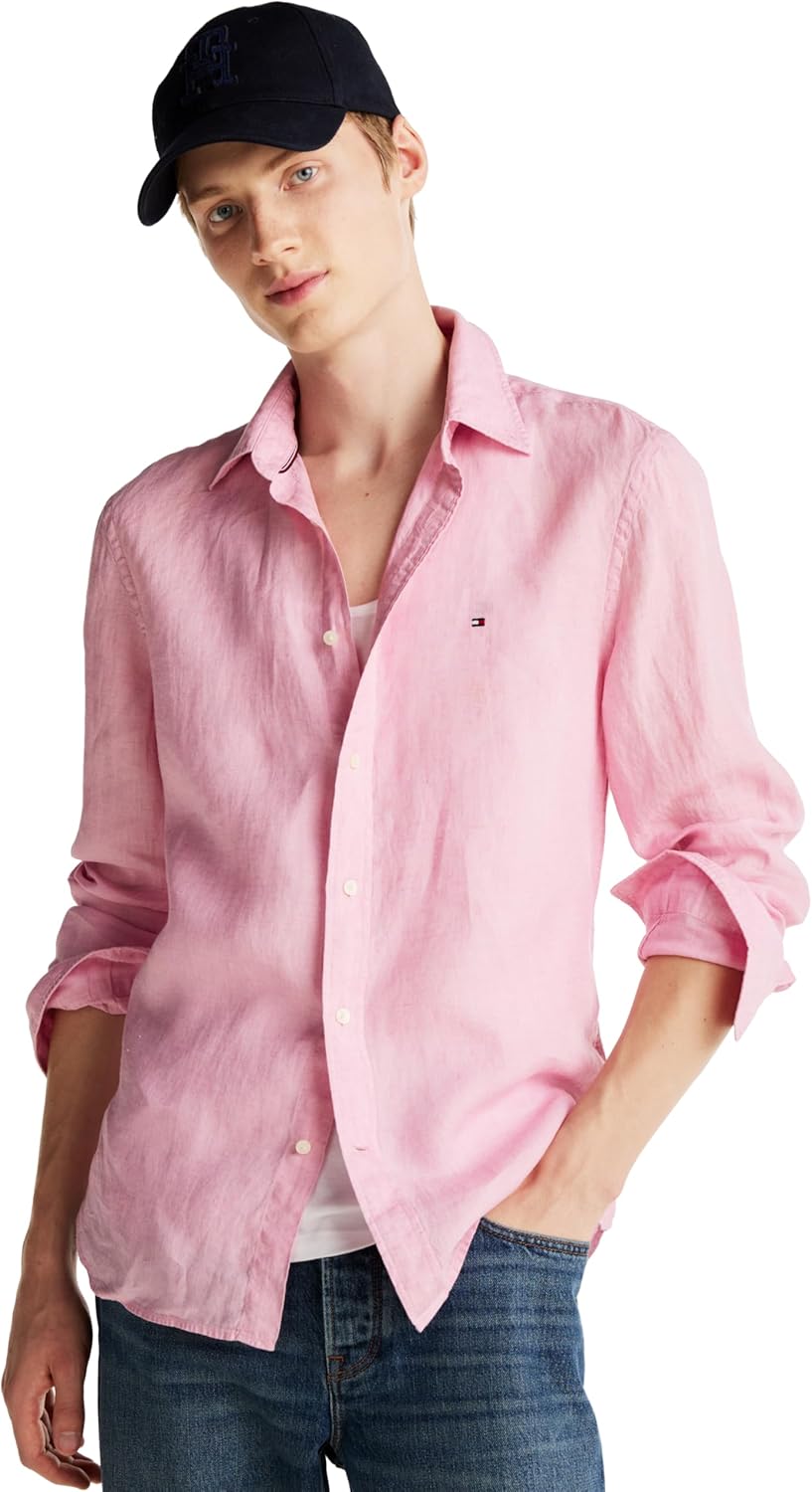 

Мужские повседневные льняные рубашки Tommy Hilfiger с длинным рукавом и застежкой на пуговицы, классический крой, Classic Pink
