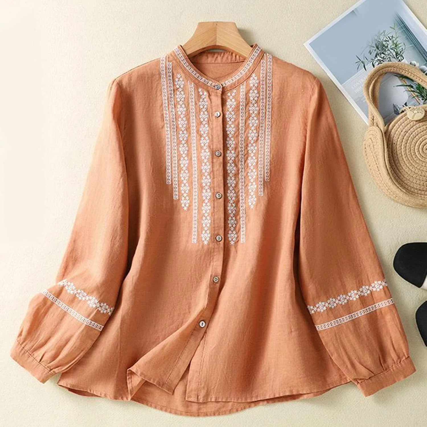 Футболка из хлопка и льна, с вышивкой, Oversize, оранжевый — фото 3