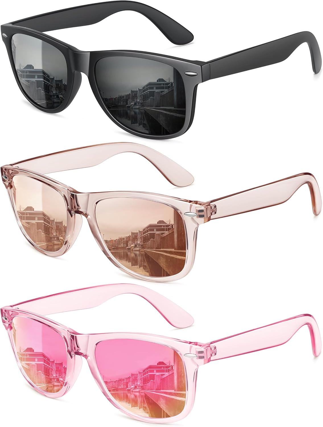 

Поляризованные солнцезащитные очки MEETSUN для женщин и мужчин, классические ретро-стиль, модные очки для вождения, защита UV400 (3 шт.), (3 Pack) Matte Black + Champagne Mirrored + Purple Pink Mirrored