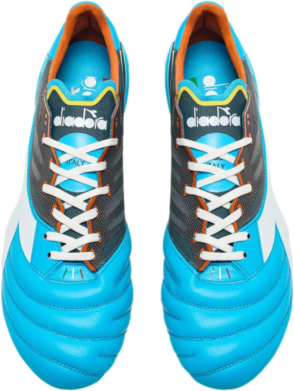 Футбольные бутсы Diadora Brasil Elite Veloce GR ITA LPX для мужчин, для твердого грунта - Сделано в Италии, сверхлегкие, из премиальной кожи, идеально подходят для твердого поля, синий/белый/оранжевый — фото 2