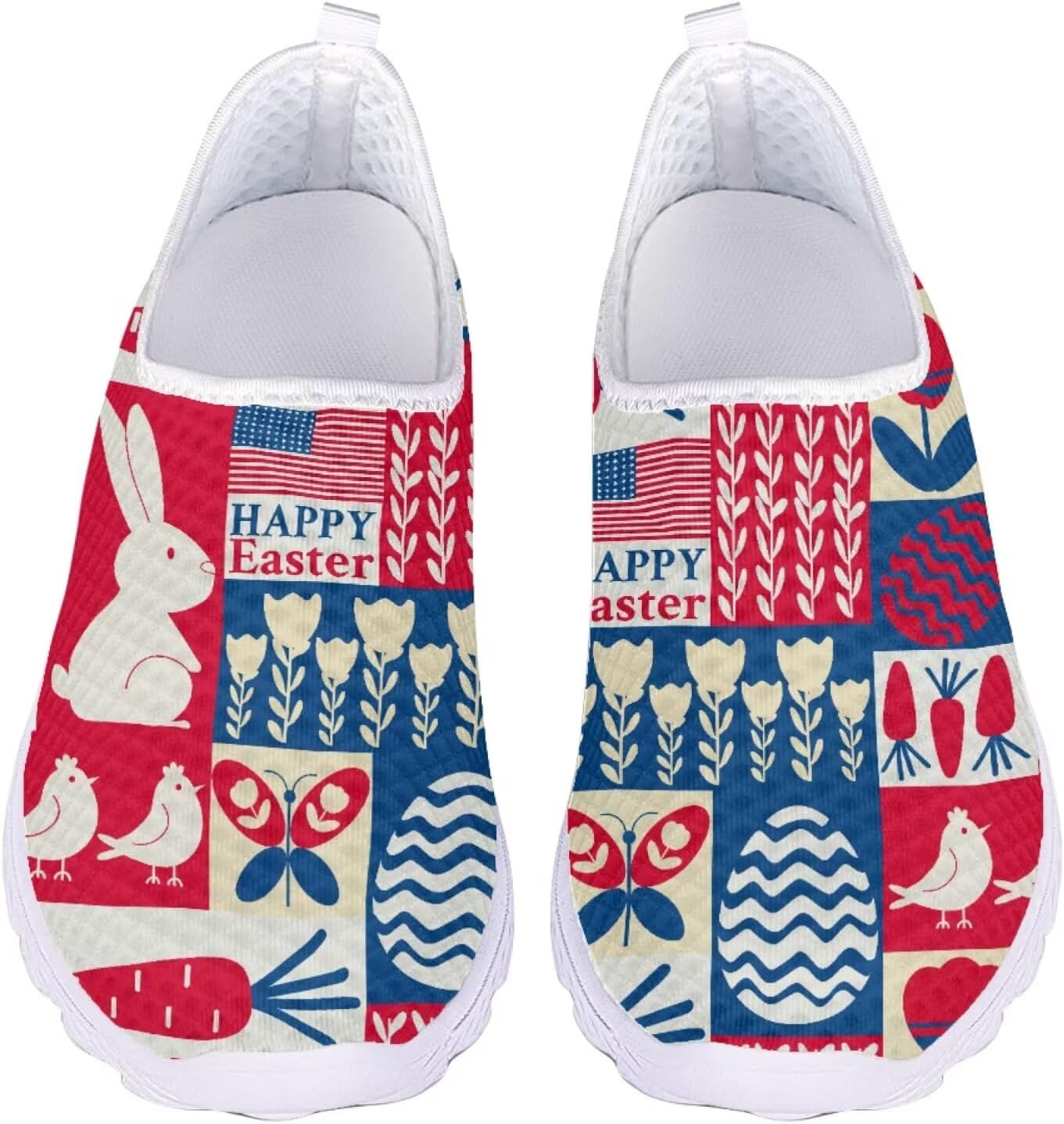 

Женские и мужские кроссовки для ходьбы, сетчатые, с плоской подошвой, без застежки, дышащие, размеры США 5-12 Xixirimido, Happy Easter Rabbit Grid