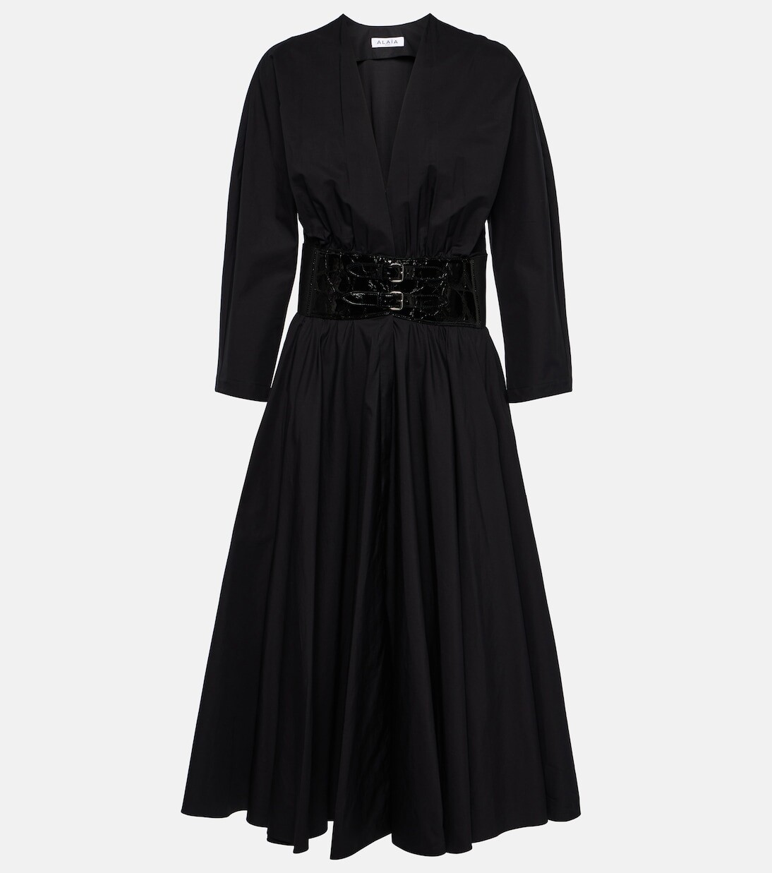 

Платье миди из хлопка с кожаной отделкой Alaïa, черный
