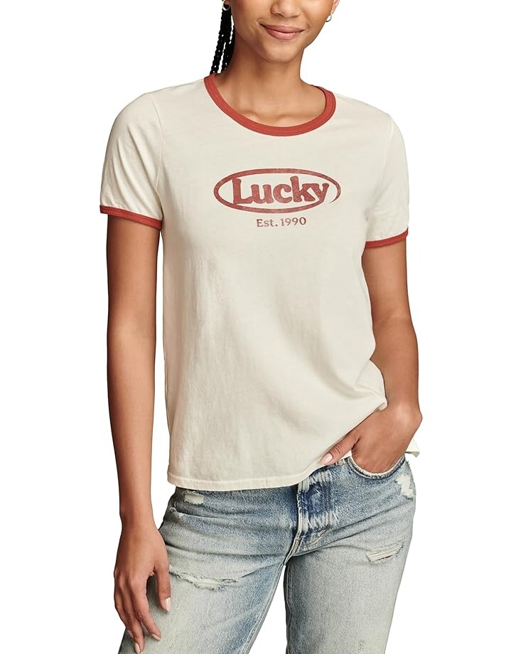 

Футболка Lucky Brand Logo Classic Crew Ringer, цвет Lilly White