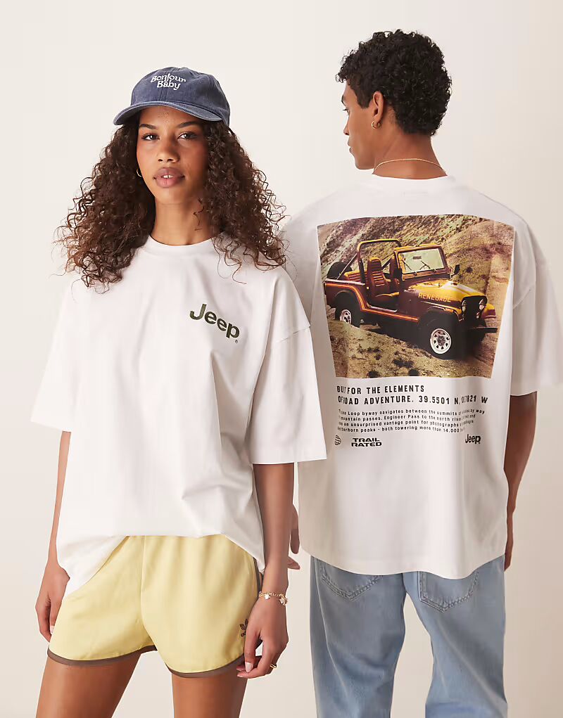 

Футболка унисекс свободного кроя ASOS DESIGN белого цвета с принтом Jeep