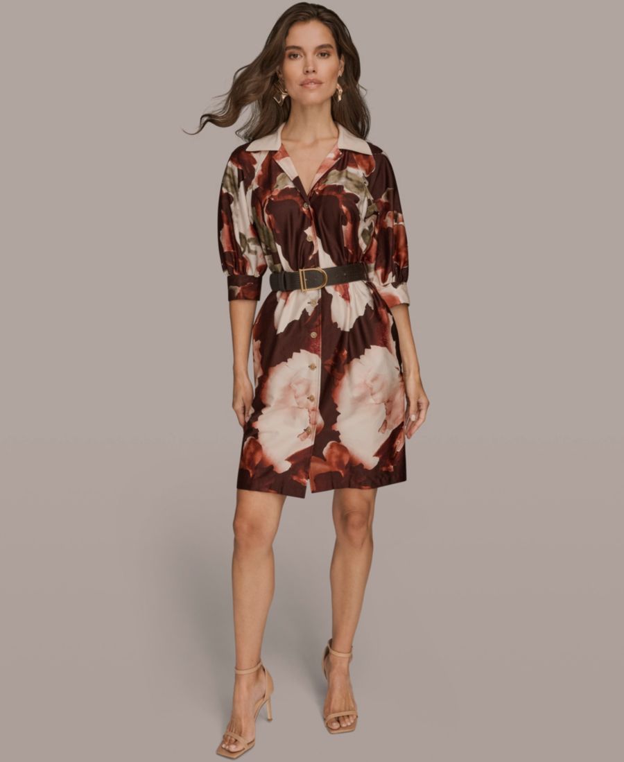 

Женское платье с цветочным принтом и поясом Donna Karan New York, Oxblood multi