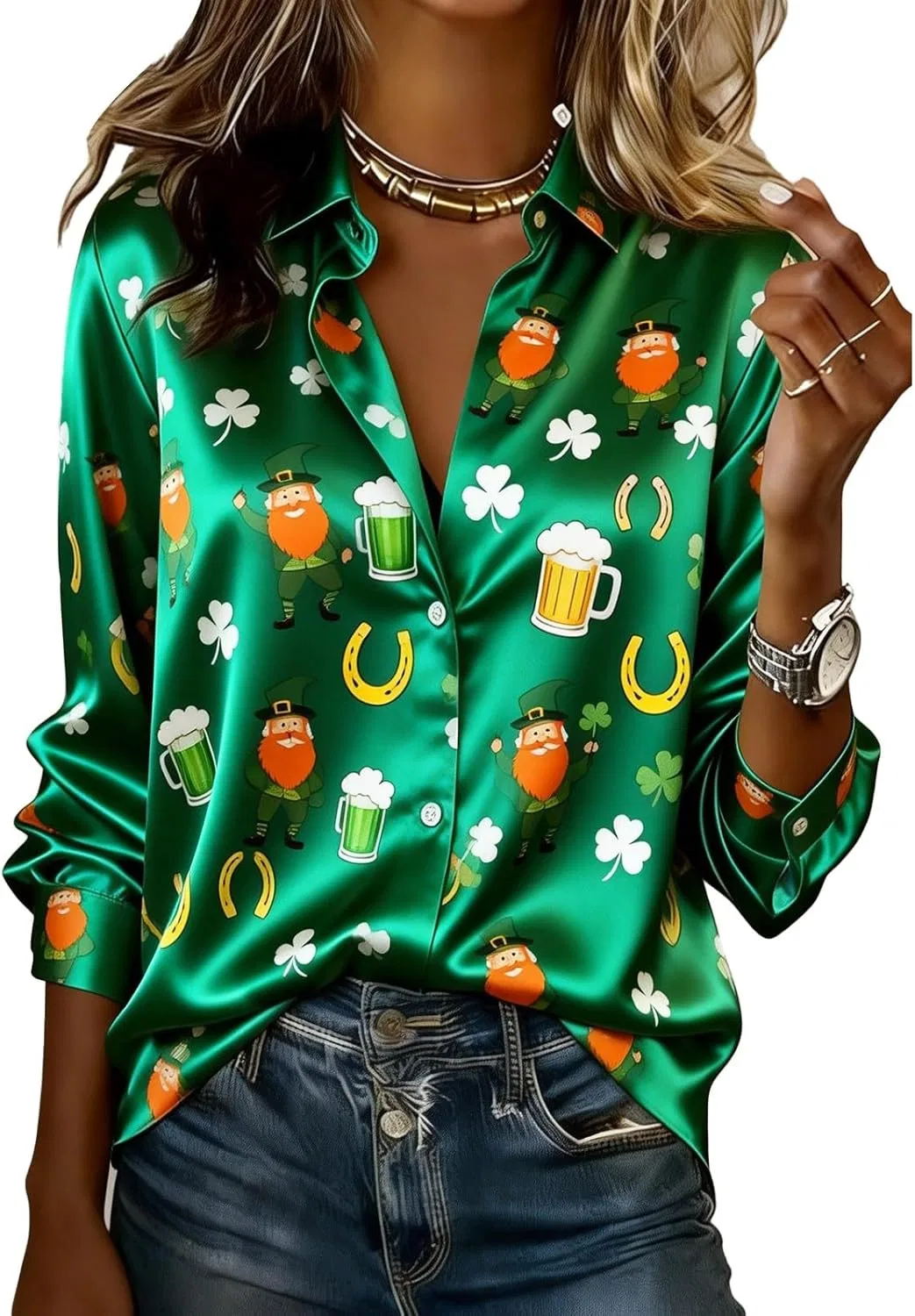 Блуза из сатина с ирландским принтом, Saint Patrick's Day, зеленый