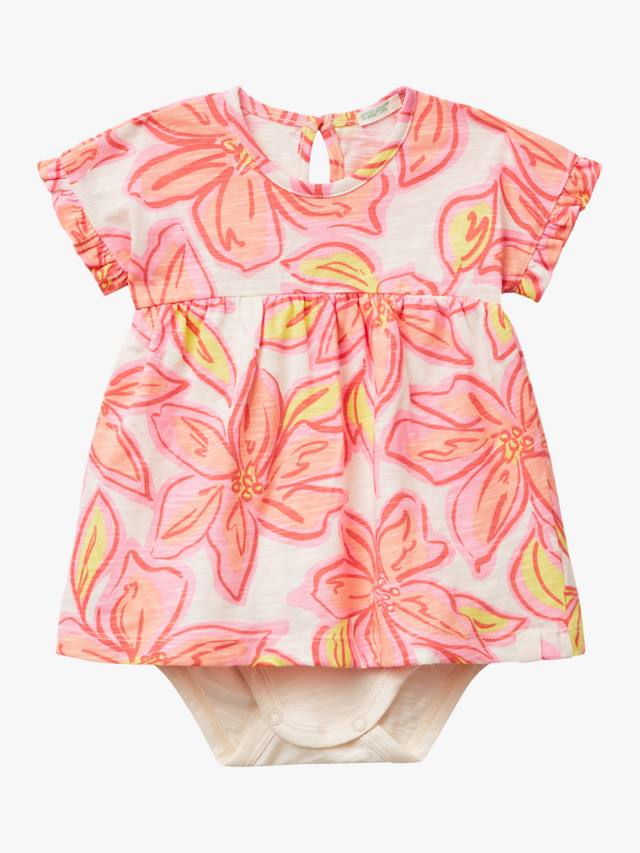 

Детское платье с короткими рукавами и цветочным принтом на кнопках Benetton, White Cream