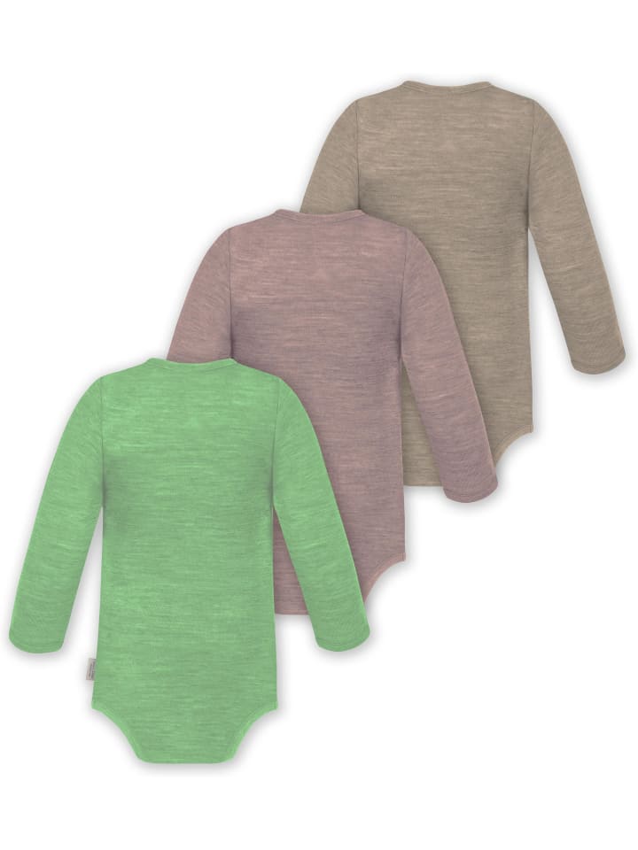 Normani Outdoor Sports Комплект из 3 детских боди с длинными рукавами из мериносовой шерсти, цвет Окленд, бежевый/розовый/зеленый — фото 2