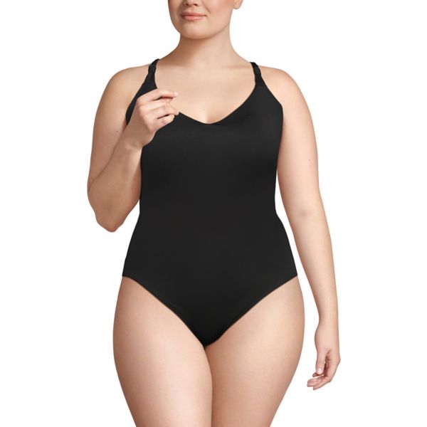 

Купальник Plus size без затяжек с быстрой сушкой, V-образным вырезом и высокой боковой линией Lands' End, черный